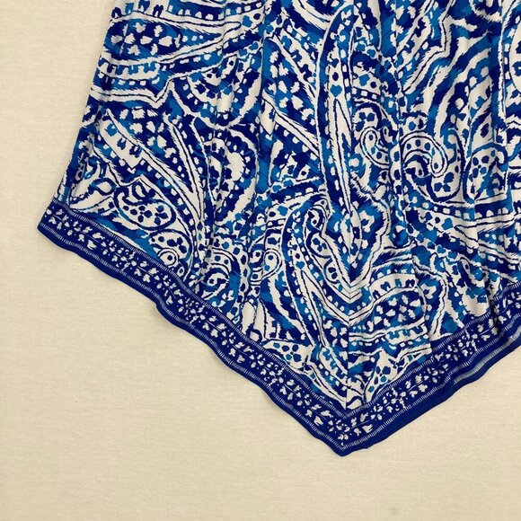 Chico’s Blue White Artsy Print Asymmetric Hem Coastal Stretch Skirt Large/2 - Picture 5 of 8